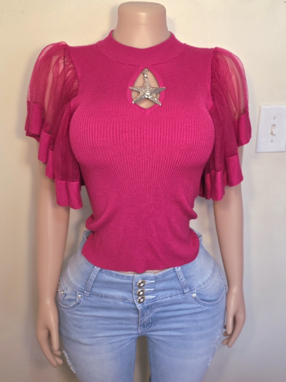 7th Avenue Fuchsia Knit Top with Ruffle Butterly Sleeve
